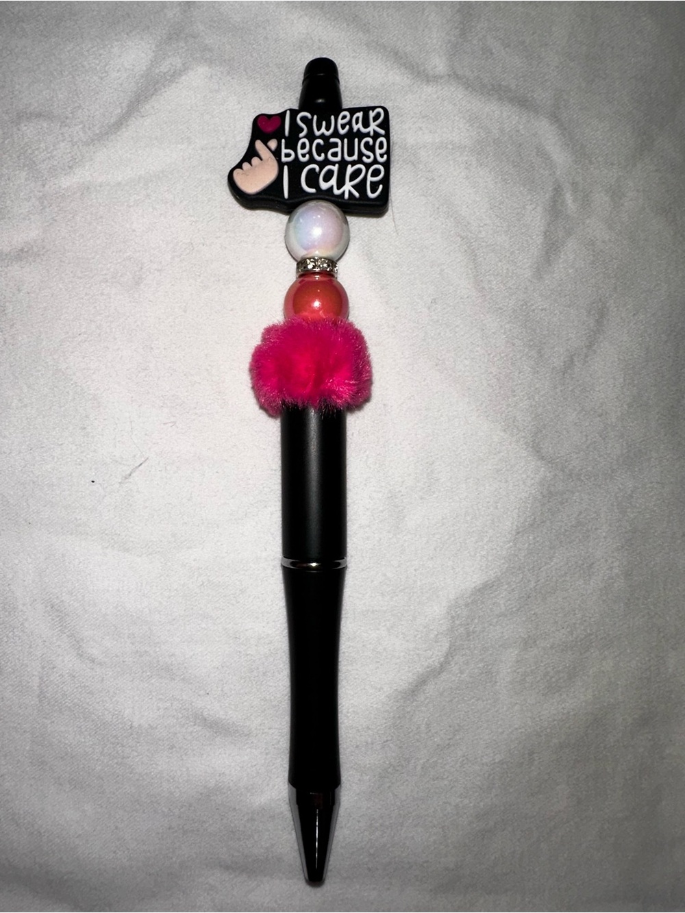 I Swear Because I Care Pink Fuzzy Black Ballpoint Pen